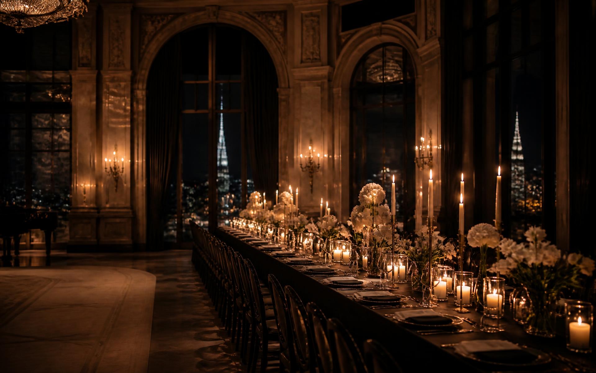 Candlelit banquet table set for a private gala dinner